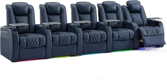 Weilianda Home Theater Seating Top Grain Leather Zero Gravity Recliner Chair Power Headrest Recline Movie Seat Gaming 7 Colors Mood Light Sofa with Tray Table USB Charge Row of 5 Blue