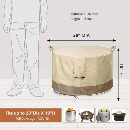 SheeChung Fire Pit Cover Round 28" D x 18" H,Waterproof 600D Material,Beige | Fits Solo Stove Yukon,PVC Inner Coating,Heavy Duty Outdoor Fire Pit Cover,Tear&Fade Resistant,Fits 24"-28" Smokeless Firepit