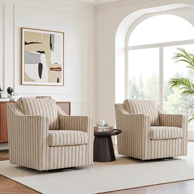 Swivel Accent Chairs Set of 2, 360° Swivel Upholstered Club Armchairs for Living Room, Comfy Fabric Single Sofa Reading Chair with Deep Seat, Metal Swivel Base, Pinstripe Light Brown