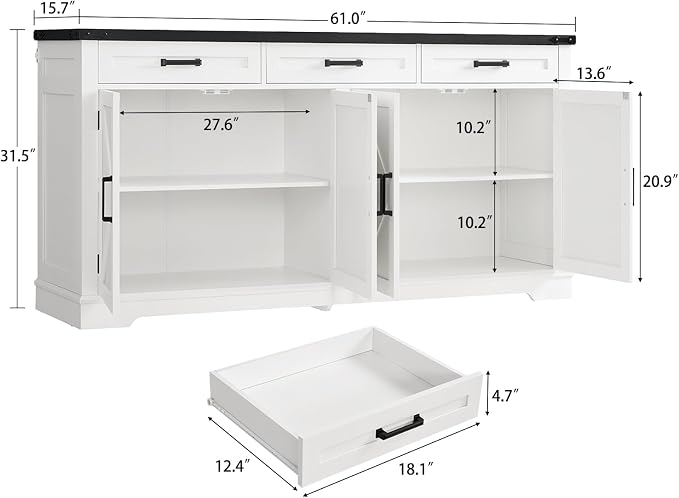 usikey Large Sideboard Buffet Cabinet with 4 Doors and 3 Drawers, Farmhouse Buffet Table, Dining Room Storage Cabinet for Kitchen or Living Room, White