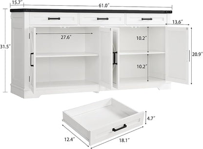 usikey Large Sideboard Buffet Cabinet with 4 Doors and 3 Drawers, Farmhouse Buffet Table, Dining Room Storage Cabinet for Kitchen or Living Room, White
