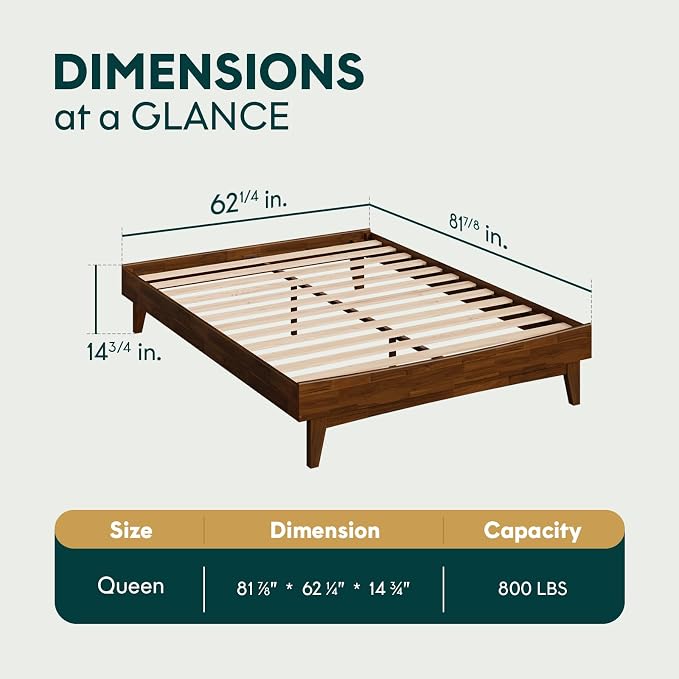 Bme Catherine Queen Platform Bed Frame, Modern Bed Frame Without Headboard, Wooden Low Profile Bed Frame, Acacia Wood Platform Bed Frame, No Box Spring Needed, Supports up to 800lbs - Dark Chocolate
