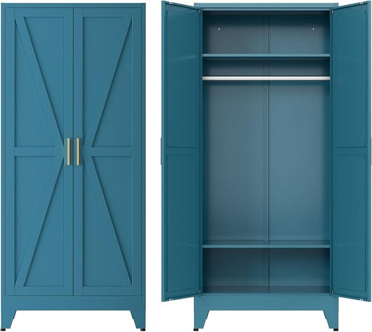 Metal armoire Wardrobe Closet with Hanging Rod,71'' Metal Wardrobe Cabinet with 2 Doors and 2 Adjustable Shelves, Bedroom armoires,Laundry Room cabinets,armario de ropa Closet