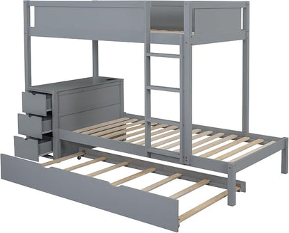 Ball & Cast Twin-Over-Twin Bunk Bed with Twin Size Trundle,Solid Wood Bedframe W/Desk & Drawers,USB,Space Saving,Easy Assembly,Multifunctional Bedroom Furniture Set for Boys Girls Teens,Gray