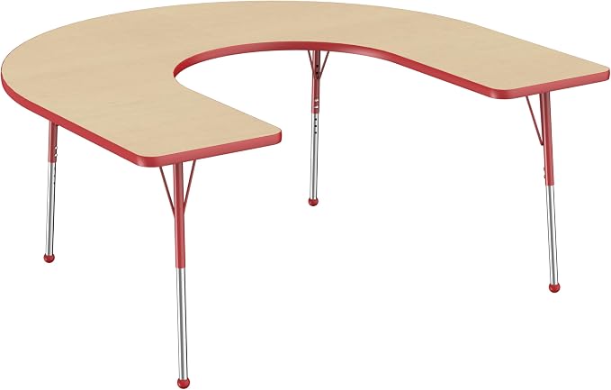 FDP Horseshoe Activity School and Office Table (60 x 66 inch), Standard Legs with Ball Glides for Collaborative Seating Environments, Adjustable Height 19-30 inches - Maple Top and Red Edge