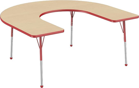 FDP Horseshoe Activity School and Office Table (60 x 66 inch), Standard Legs with Ball Glides for Collaborative Seating Environments, Adjustable Height 19-30 inches - Maple Top and Red Edge