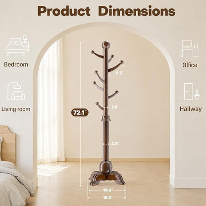 Hall Tree, Freestanding Wood Tree Rack with 7 Hooks, Coat Rack with Stable Sphere Base, Wooden Coat Rack Stand, Load 210 lb, Coat Hanger Stand for Entryway, Hallway, Bedroom, H:72 in, Walnut