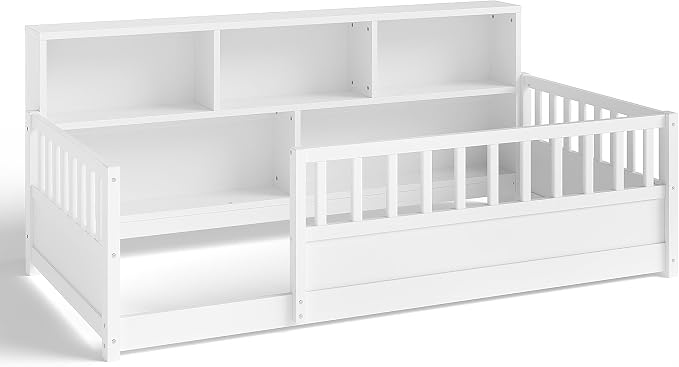 Bellemave Twin Size Montessori Floor Bed with Bookcase, Twin Floor Bed with Rails and Storage Shelves, Easy Assemble Montessori Beds Frame for Girls, Boys, White