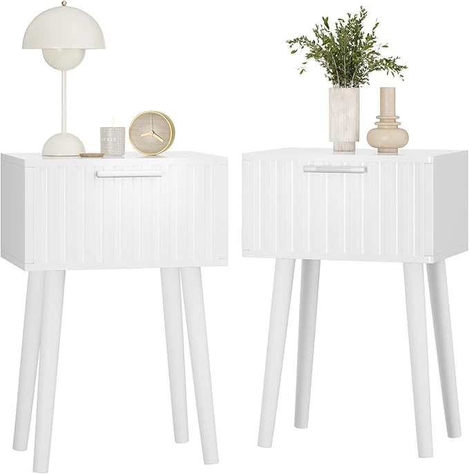 YMYNY Fluted Nightstand Set of 2, Small End Table, Modern Coffee Table with Drawer, Solid Wood Legs, Retaining Chain, 13.8" x 10.6" x 20.9", for Bedroom and Small Spaces, White UHST014W-2