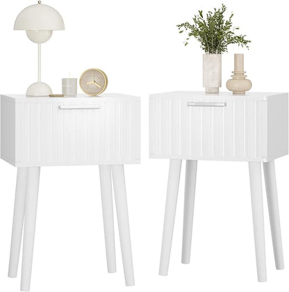 YMYNY Fluted Nightstand Set of 2, Small End Table, Modern Coffee Table with Drawer, Solid Wood Legs, Retaining Chain, 13.8" x 10.6" x 20.9", for Bedroom and Small Spaces, White UHST014W-2