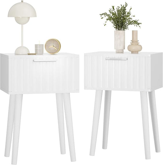 YMYNY Fluted Nightstand Set of 2, Small End Table, Modern Coffee Table with Drawer, Solid Wood Legs, Retaining Chain, 13.8" x 10.6" x 20.9", for Bedroom and Small Spaces, White UHST014W-2
