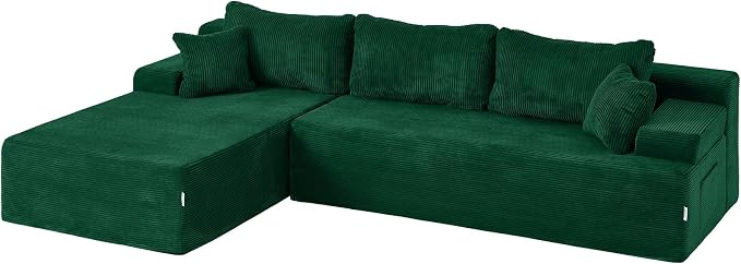 Hobestluk Modular Sectional Sofa Couches L-Shape Couch 3 Seat Modular Sofa Memory Foam Sectional Couches for Living Room, Cloud Couch with Oversized Chaise (Green Corduroy, 108", Left Hand Facing)
