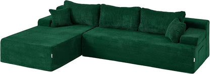 Hobestluk Modular Sectional Sofa Couches L-Shape Couch 3 Seat Modular Sofa Memory Foam Sectional Couches for Living Room, Cloud Couch with Oversized Chaise (Green Corduroy, 108", Left Hand Facing)