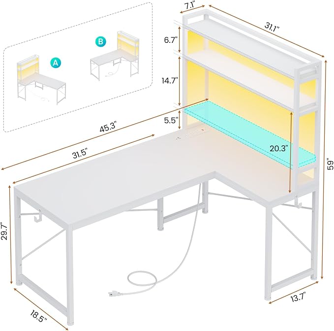 SEDETA White Corner Desk, Reversible 45.3” Small Computer Desk with Power Outlet and LED Lights, Corner Computer Desk with Hutch, Storage Shelves and Hooks for Small Space
