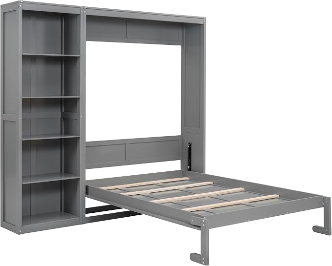Merax Space-Saving Gray Murphy Bed Full Size with Adjustable Storage Shelves, Multifunctional Foldable Wall Bed for Small Spaces Studio Study Office Guest Room
