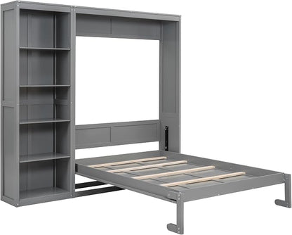 Merax Space-Saving Gray Murphy Bed Full Size with Adjustable Storage Shelves, Multifunctional Foldable Wall Bed for Small Spaces Studio Study Office Guest Room