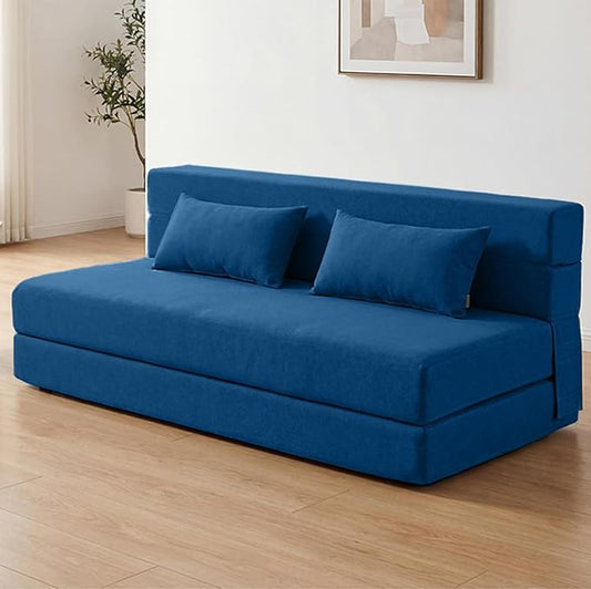 SUYOLS Folding Sofa Bed with Pillows- Convertible Chair Floor Couch & Sleeping Mattress, Foldable Memory Foam Sleeper for Living Room/Dorm/Guest Room/Home Office/Apartment/Loft, Queen, Navy Blue