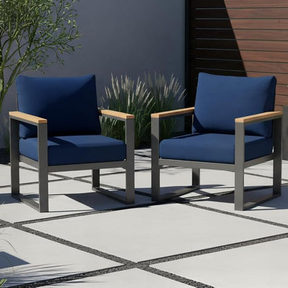 Sundale Outdoor 2 Pieces Patio Aluminum Armchairs, All-Weather Outdoor Furniture with 6” Olefin Cushion & Wide Armrest, Outdoor Chairs or Garden Deck Porch (Navy Blue)