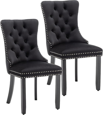 Mid Century Modern Dining Chair Set of 2 Velvet Upholstered Dining Accent Chair Farmhouse Dining Chairs with High Back and Nailhead Trim for Kitchen, Living Room, Bedroom (Black)