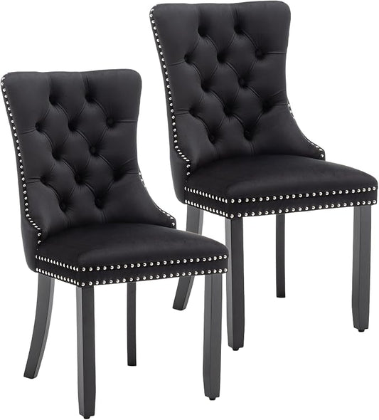 Mid Century Modern Dining Chair Set of 2 Velvet Upholstered Dining Accent Chair Farmhouse Dining Chairs with High Back and Nailhead Trim for Kitchen, Living Room, Bedroom (Black)