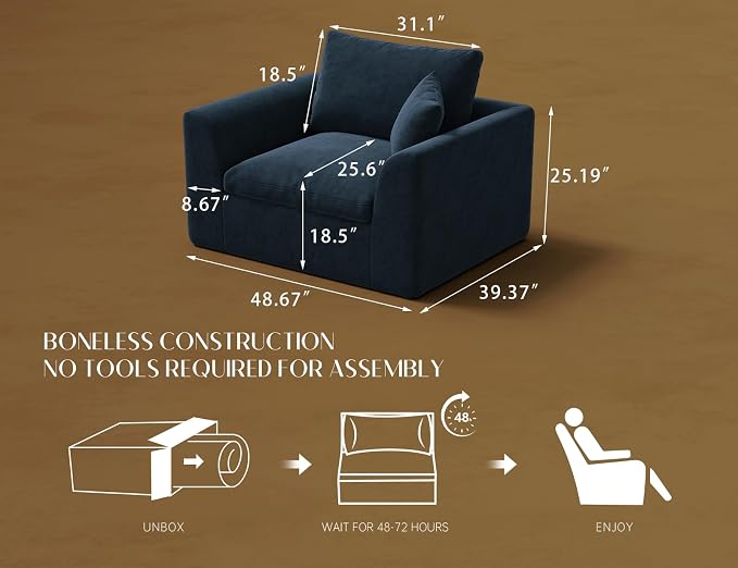 ohllob 48.6" Single Sofa, Small Boneless Couches for Living Room, Cloud Couch for Bedroom, Office, Blue