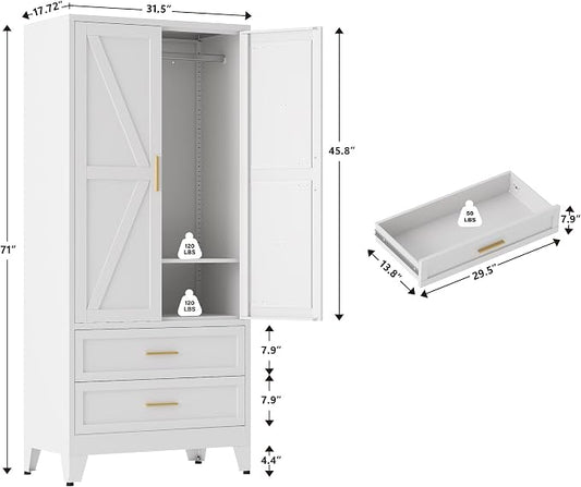 QINPTWUT 71" Tall Metal Wardrobe with Doors, Hanging Rod & Adjustable Shelf, Freestanding Steel Armoire for Bedroom Home Office, 2-Drawer White