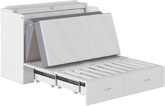 AFI Hamilton Full Murphy Bed Chest with Mattress, Storage, and Built-in Charger in White