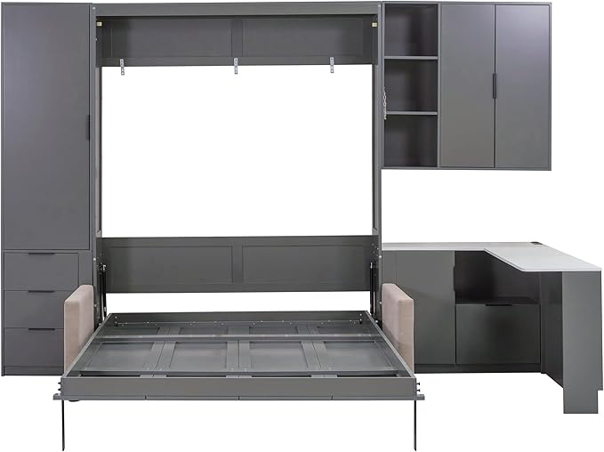 Merax Queen Size Wood Murphy Bed with Upholstered Sofa & Desk, Multifunctional Foldable Wall Platform Bed w/USB Charging Station for Guest-Room, Bedroom, Space Saving, Gray +Beige