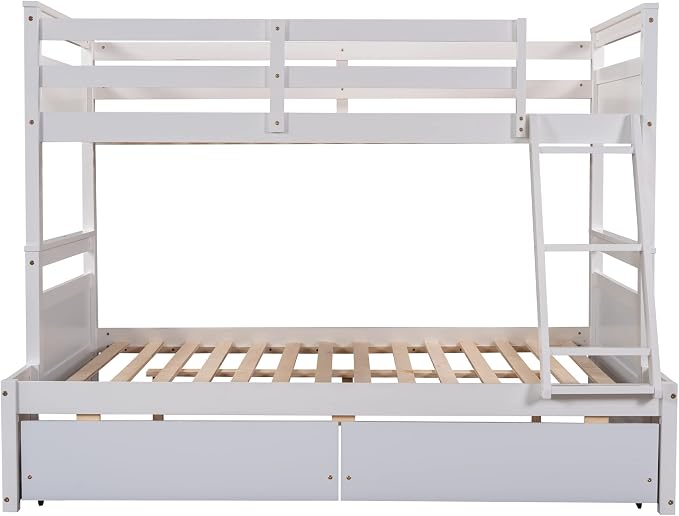 Twin Over Full Bunk Beds with 2 Under Bed Storage Drawers, Stronger & More Stable Bunkbed, White