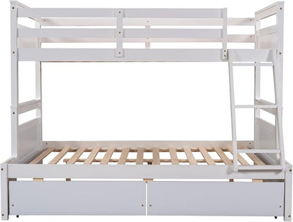Twin Over Full Bunk Beds with 2 Under Bed Storage Drawers, Stronger & More Stable Bunkbed, White