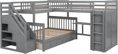 L-Shaped Bunk Bed for 4 Kids, Twin-Twin Over Full with 3 Drawers, Portable Desk and Wardrobe, Solid Wood Bedframe with Stairs and Full-Length Guardrails, No Box Spring Needed (Gray)