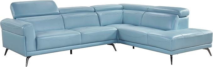 Lexicon L-Shaped Sectional Couch with Right Chaise, Top Grain Leather Match Sectional Sofa, Adjustable Headrests, Black Chrome Metal Legs, High-Density Cushions, Stitching, for Living Room, Blue