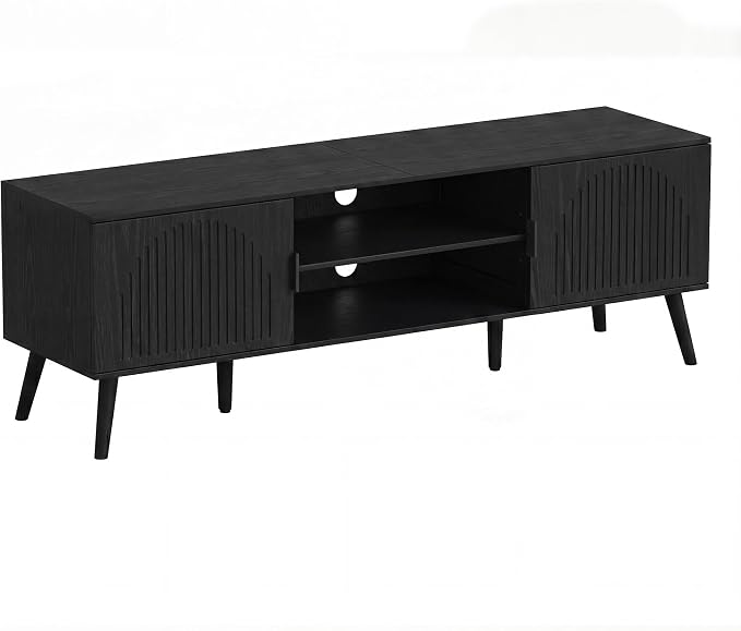 ChooChoo TV Stand for Living Room, Mid Century Modern TV Stand for 65 Inch TVs, Entertainment Center with Storage Cabinet and Open Shelves, TV Console Table Media Cabinet for Bedroom, Black