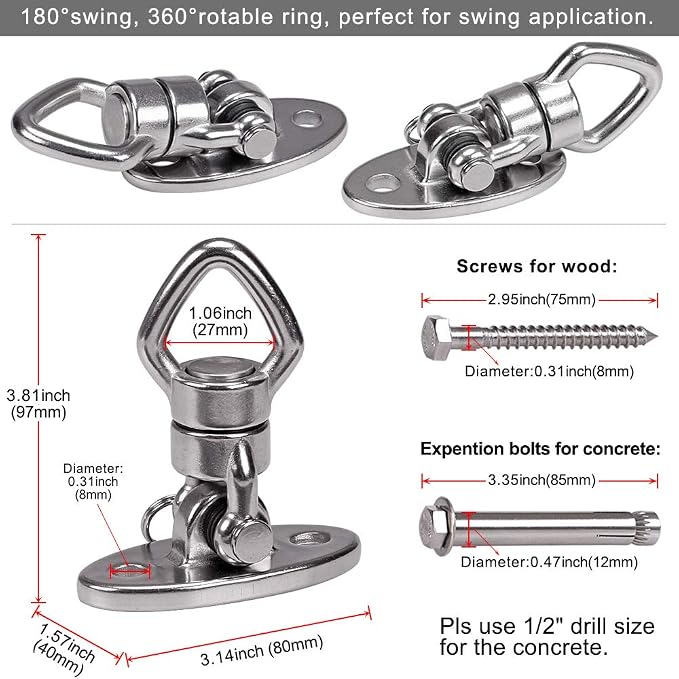 BeneLabel Swing Hanger with Bearing Swivel 800LB Capacity Stainless Steel Ceiling Mount Bracket Hanging Kit for Aerial Silks, Swings, Hammocks, Hanging Chair, Aerial Hoop, Heavy Bag, Yoga Swing