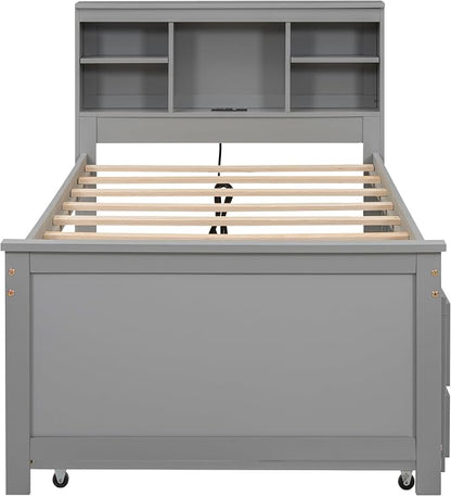 Merax Twin Size Platform Bed with Storage Headboard, USB, Wood Bedframe with Twin Size Trundle and 3 Drawers, Grey