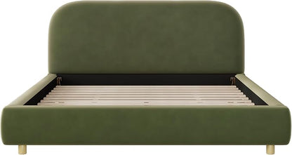 Merax Queen Size Velvet Fabric Upholstered Platform Bed with Curved Shaped Headboard, Wood Bed Frame with Solid Round Legs for Kids Teens Adults, Olive Green