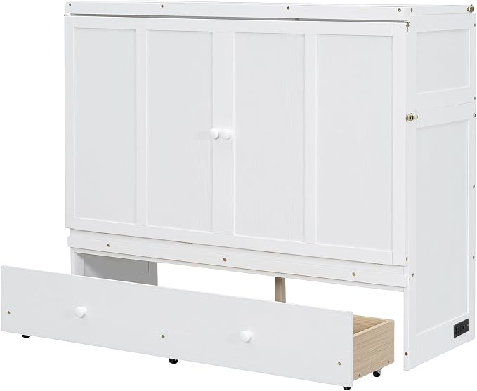 Merax Murphy Bed Cabinet Full Size with Storage Drawers, Chest Cube Bed for Guest Room, Built-in Sockets & USB Ports, for Home Office or Small Bedroom, White