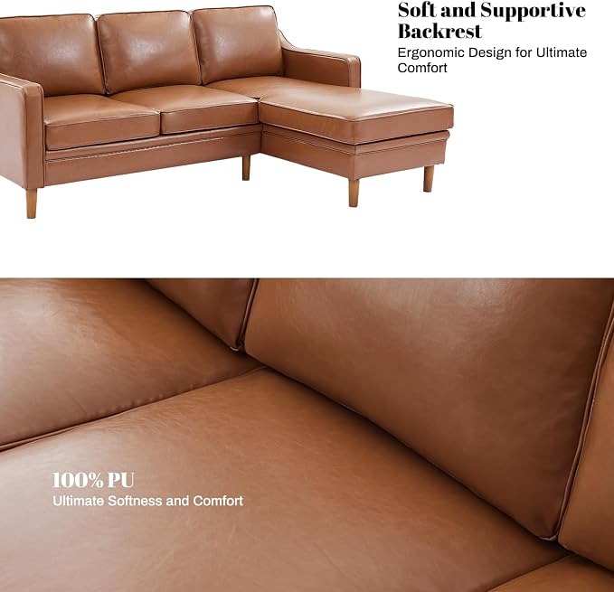 Kingfun 88" L-Shape Sofa, Faux Leather Sectional Couch, Mid Century Modern Couches with Solid Wood Frame for Living Room Bedroom