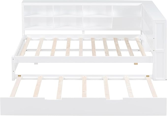 Bellemave Twin Corner Bed Frame with Trundle, Wood Twin Daybed with L-Shaped Bookcase，Daybed with Storage Cabinets, White