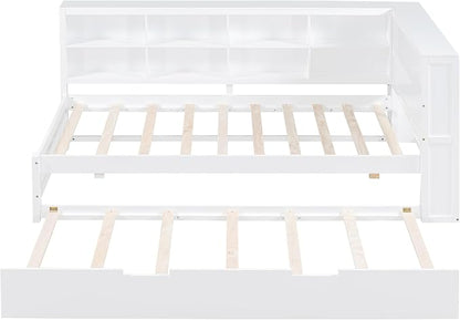 Bellemave Twin Corner Bed Frame with Trundle, Wood Twin Daybed with L-Shaped Bookcase，Daybed with Storage Cabinets, White