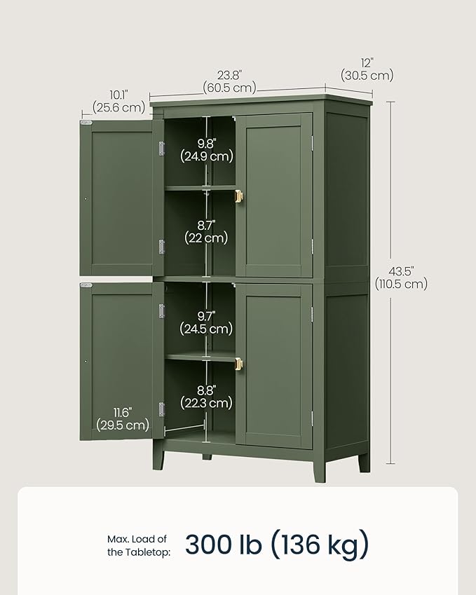 SONGMICS HOME Freestanding Storage Cabinet, Floor Cabinet with Elevated Legs, Metal Handles, for Living Room, Kitchen, Bathroom, Green