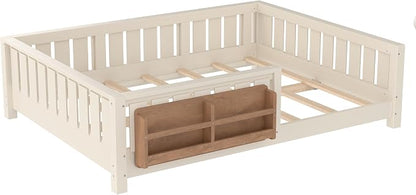 Bellemave Full Size Floor Bed with high Rails and with Built-in Bookshelf for Kids, Girls, Boys, Wood Montessori Floor Bed Without Door, Beige