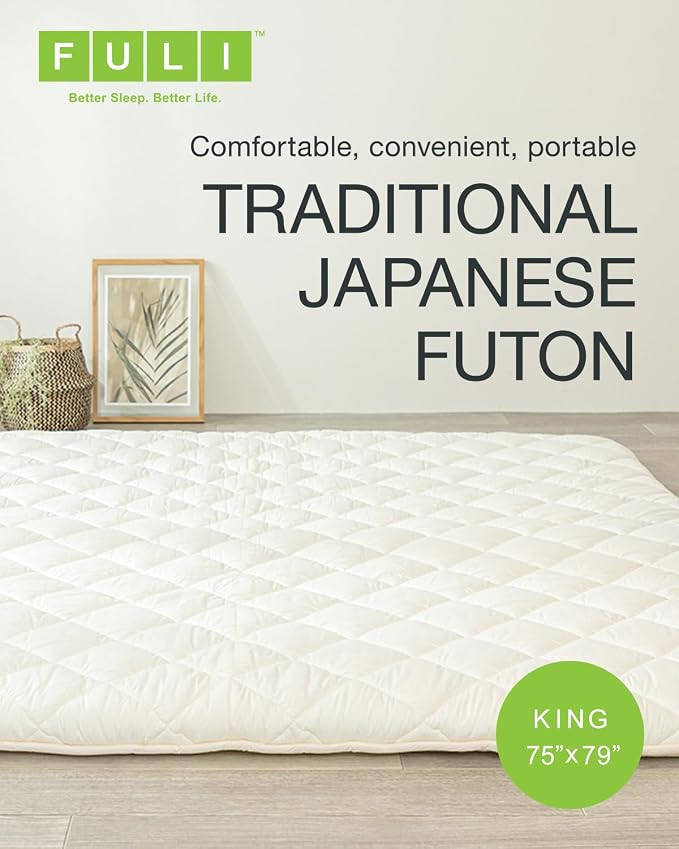 FULI Japanese Futon, King Size, White - Foldable Shikibuton Floor Bed - Medium Firm Quilted Cotton Sleeping Pad, Portable Roll-Up Japanese Floor Bed for Guests & Small Spaces