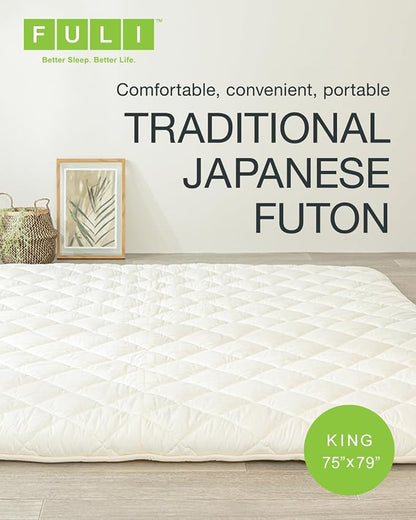 FULI Japanese Futon, King Size, White - Foldable Shikibuton Floor Bed - Medium Firm Quilted Cotton Sleeping Pad, Portable Roll-Up Japanese Floor Bed for Guests & Small Spaces
