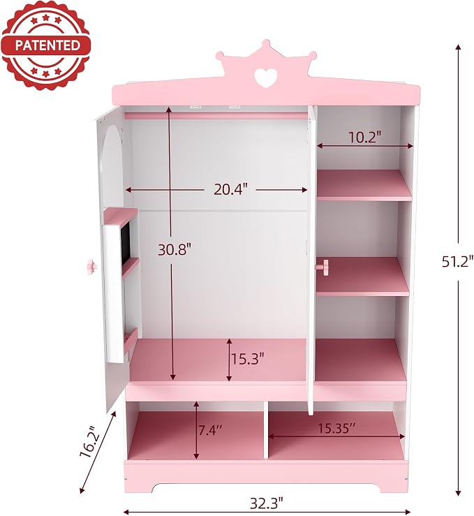 Kids Dress Up Storage with Hidden Jewelry Armoire, Wooden Princess Pretend Play Closet Wardobe Center with Mirror, Toddler Armoire Organizer with Hanging Area & Shoe Cubbies, Pink/White