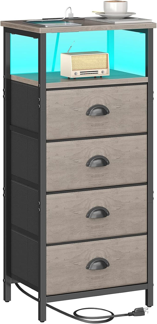 sthmec Nightstand with Charging Station,LED Grey Nightstand with 4 Fabric Drawers, Bedside End Tables, 2-Tier Open Storage Shelf Side Table Nightstand with Drawers for Bedroom,Grey