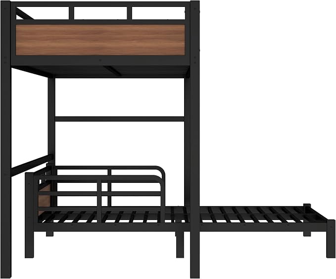 Twin XL Over Twin XL Metal Bunk Bed, Heavy Duty Convertible Bunk Bed Frame with Headboard & Full Guardrails, Can Be Split into Two Platform Beds or Loft Bed,Walnut