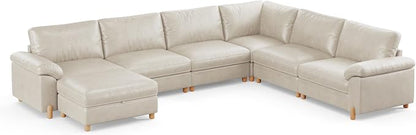 SITJOY Large Cloud Couch, 138" Wide 6 Seater U Shape, Faux Leather in White | Pet-Friendly Scratch-Resistant Leather Sectional Sofas for Living Room, Deep Seat Wide Couch with Chaise, Storage Ottoman