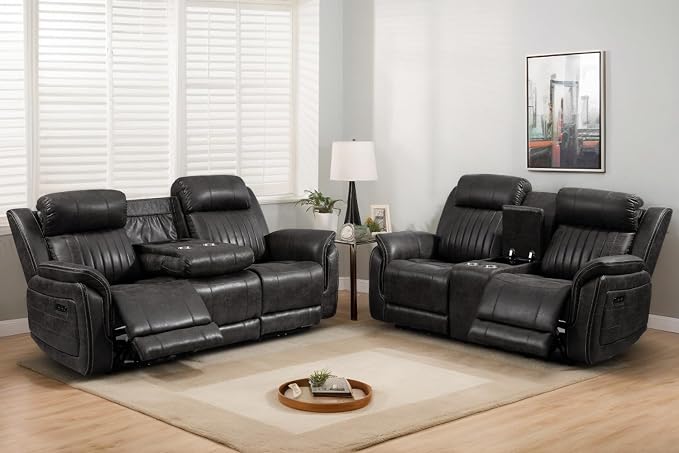 Power Reclining Sofa Set with Adjustable Headrest, Zero Gravity Electric Reclining Couch with USB/Type-C Ports, Power Loveseat Sofa Set for Living Room, Home Theater (Charcoal, Loveseat+Sofa)