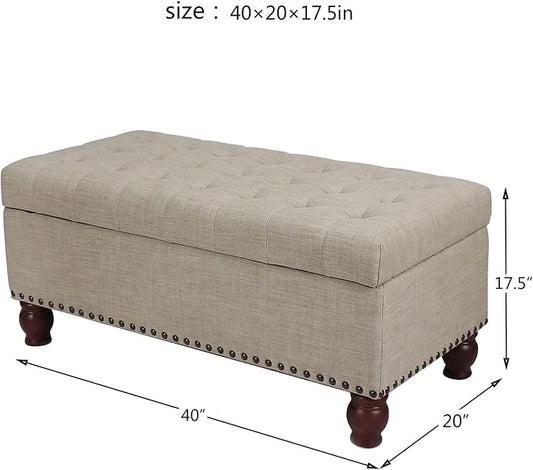 Asense 40" Storage Ottoman Bench, Faux Leather Tufted Upholstered End of Bed Bench with Safety Hinge for Bedroom,Entryway,Living Room,Light Gray